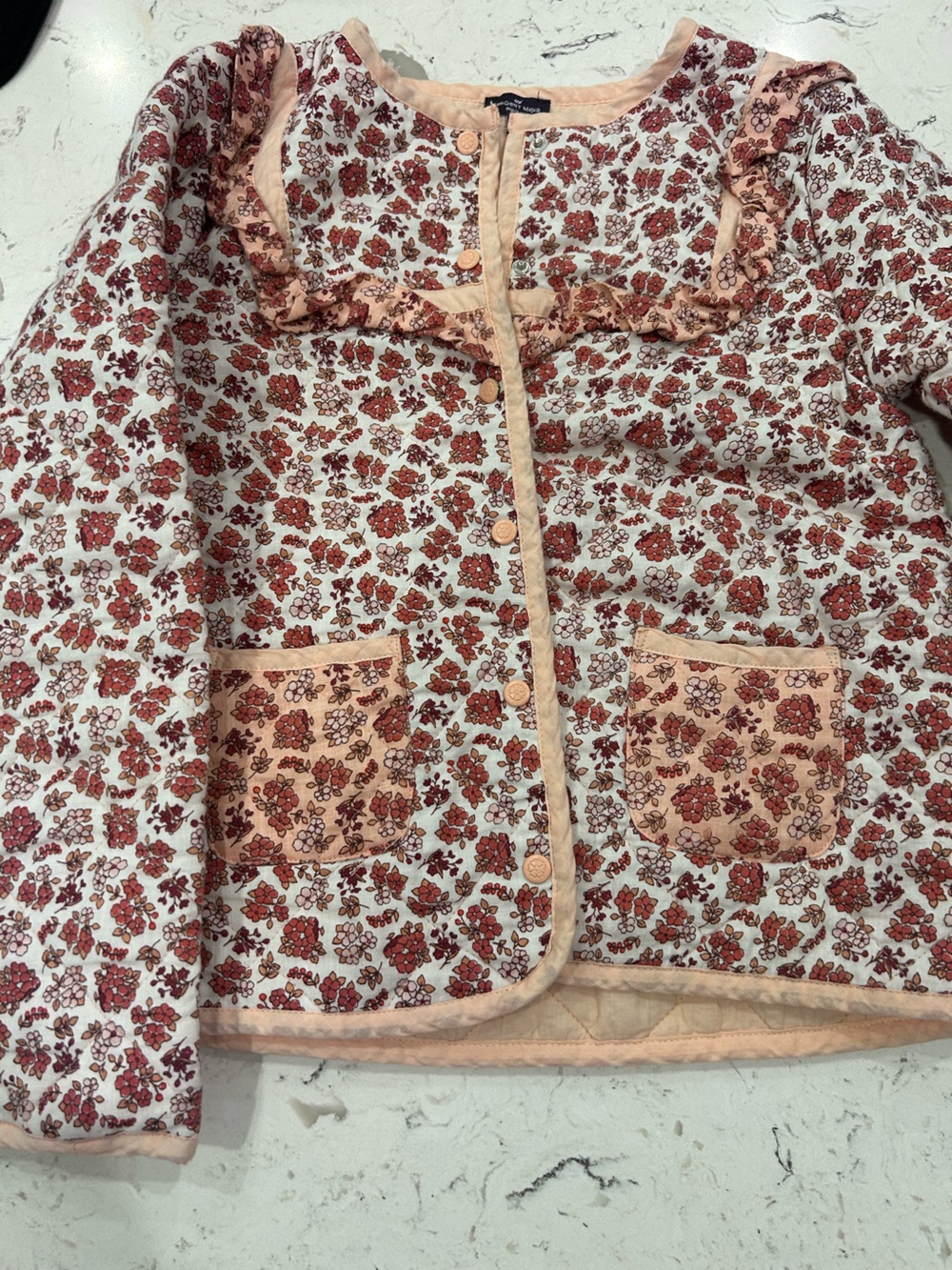 Quilted Floral Patchwork Lightweight Girls Coat in Rust Red and Cream